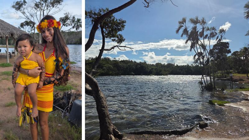 A Paresi woman with her child and a photo of the river on the Paresi land.