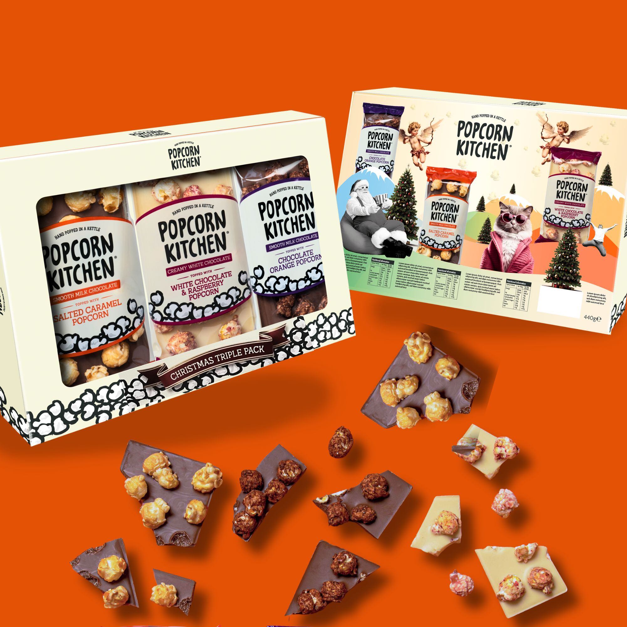 Popcorn Kitchen chocolate bars – popcorn-infused festive chocolate in white, milk and dark formats.