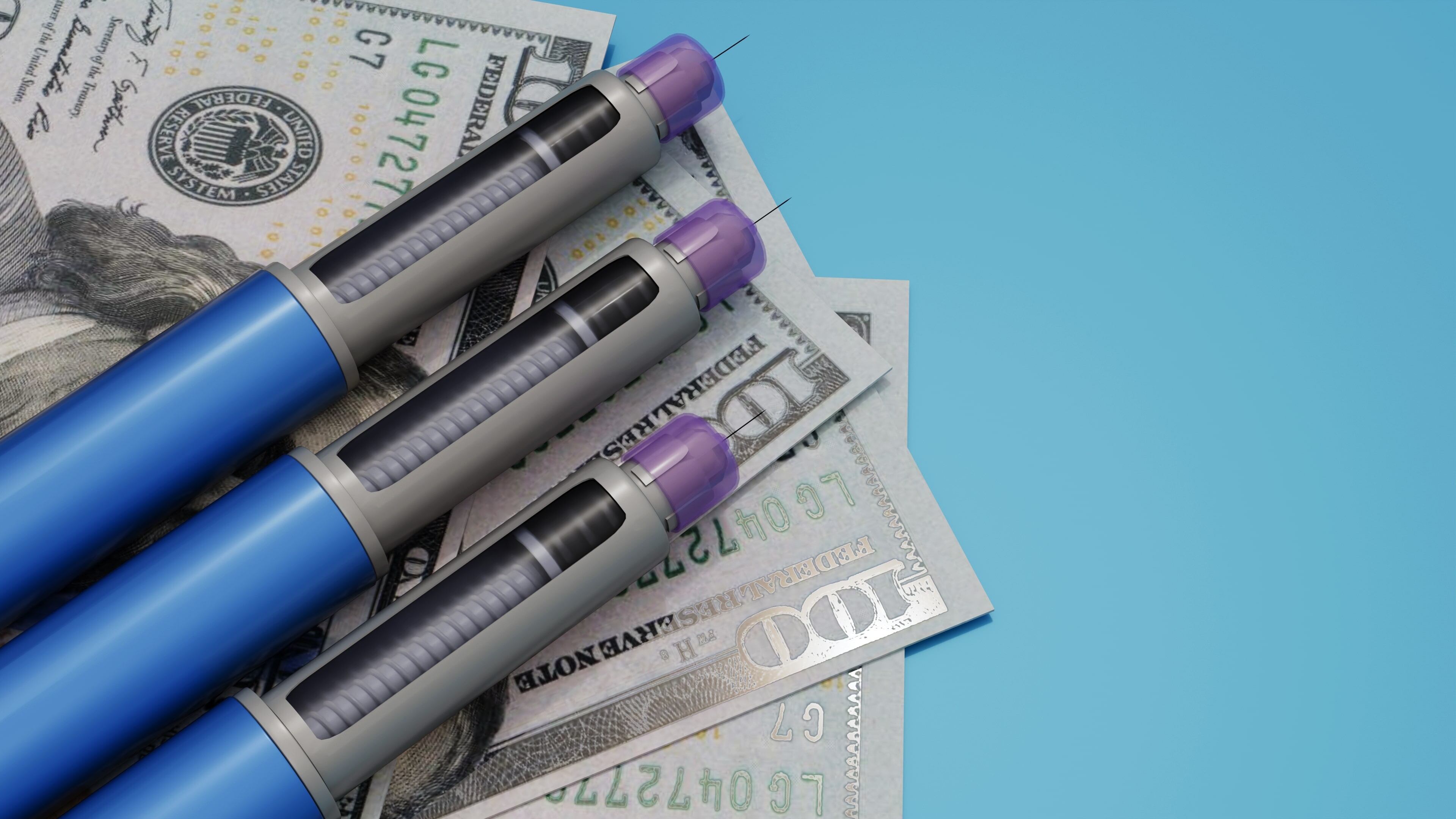 3D rendering of GLP-1 pens on dollar bills Love Employee GettyImages