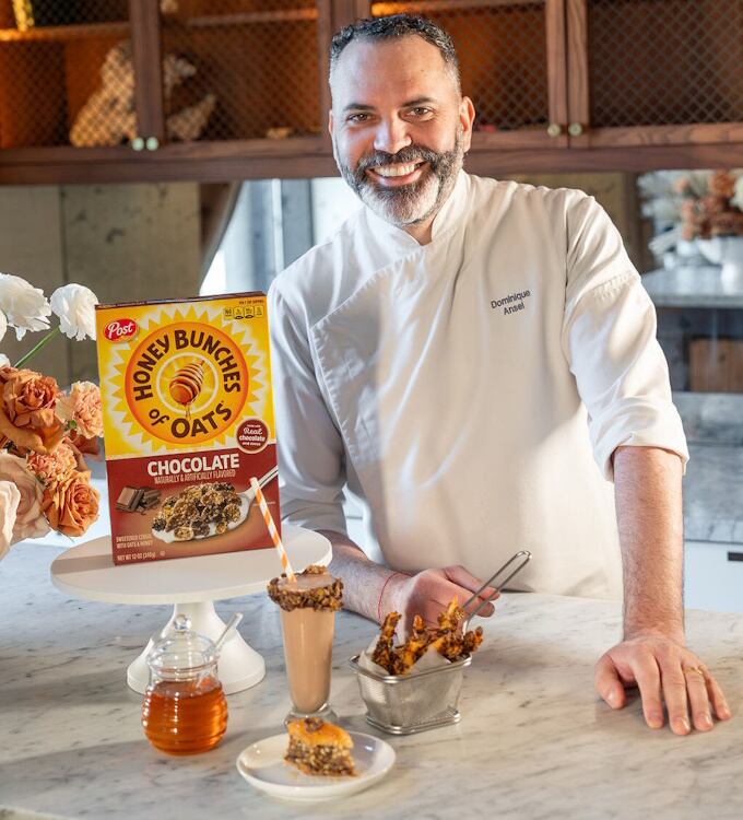 Chef Dominique Ansel with box of Honey Bunches of Oats Chocolate