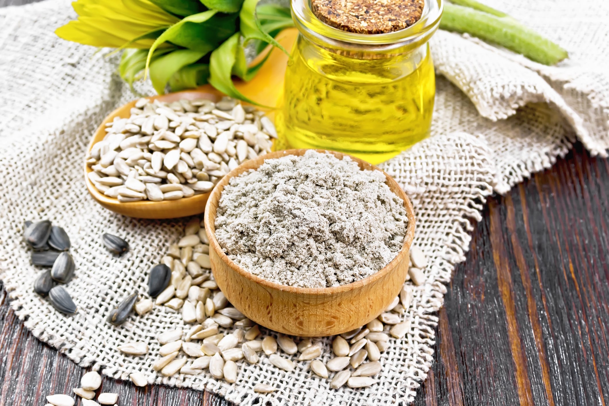 Flour sunflower in bowl with oil on table rezkrr GettyImages