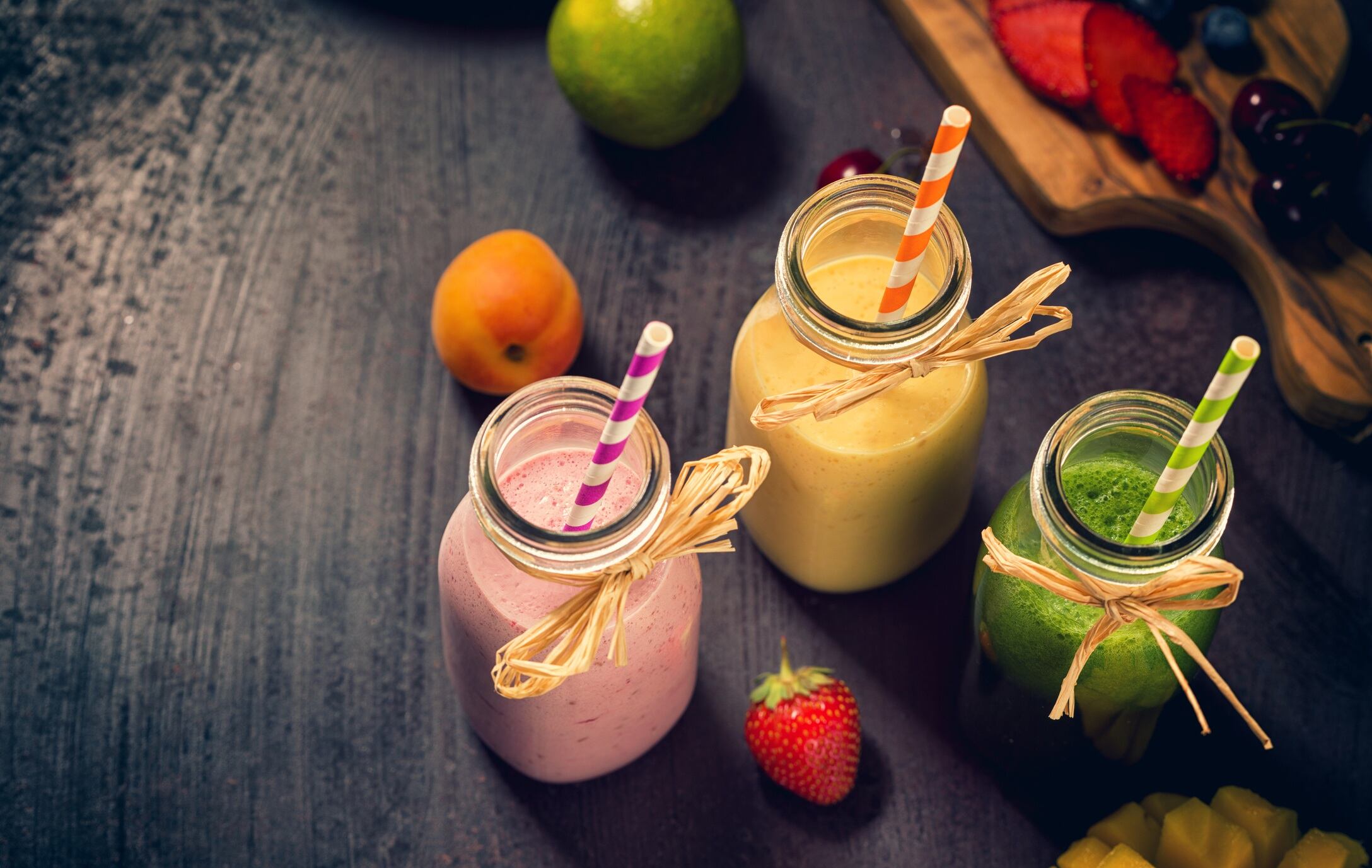 Freshly blended fruit and vegetable smoothies.