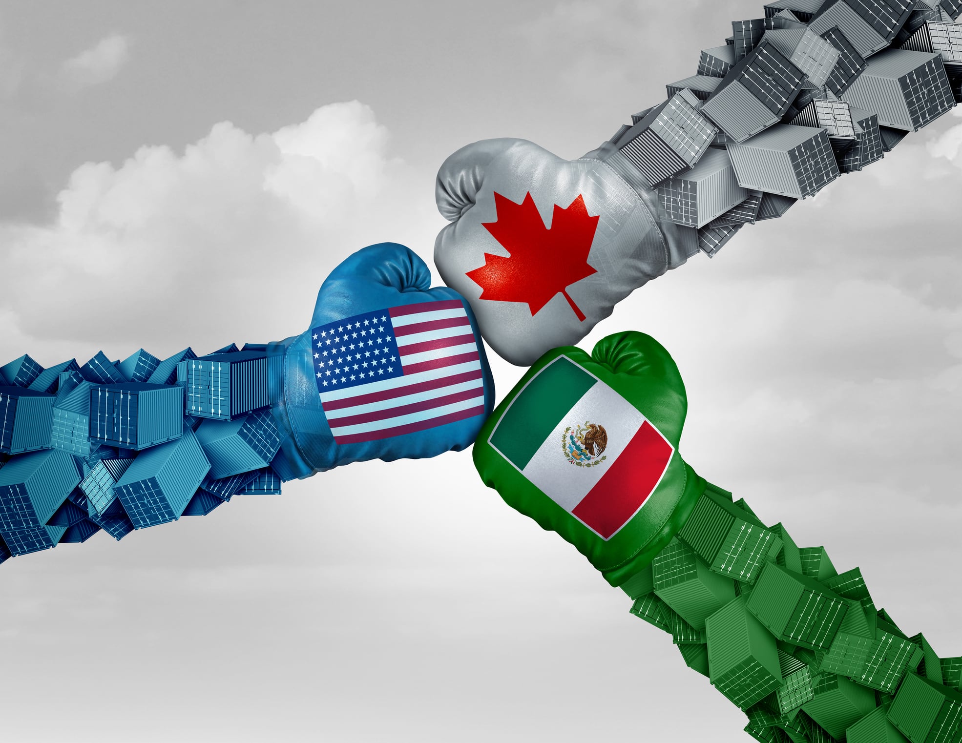 US Mexico And Canada Tariff War as a Mexican Canadian and American trade dispute as North American countries in conflict as an economic fight over import and exports concept.