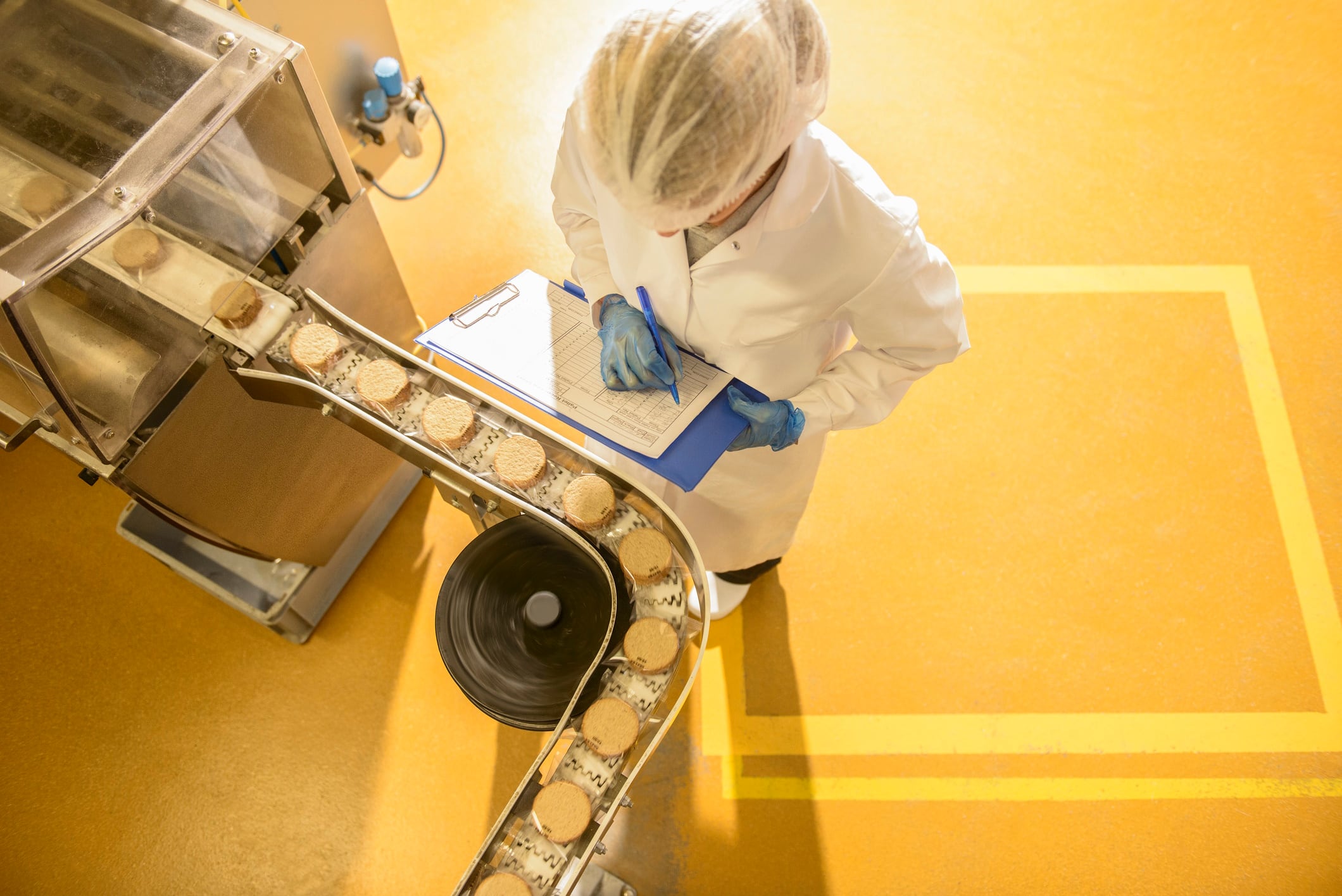 Overhead view of worker inspecting biscuits on production line in food factory