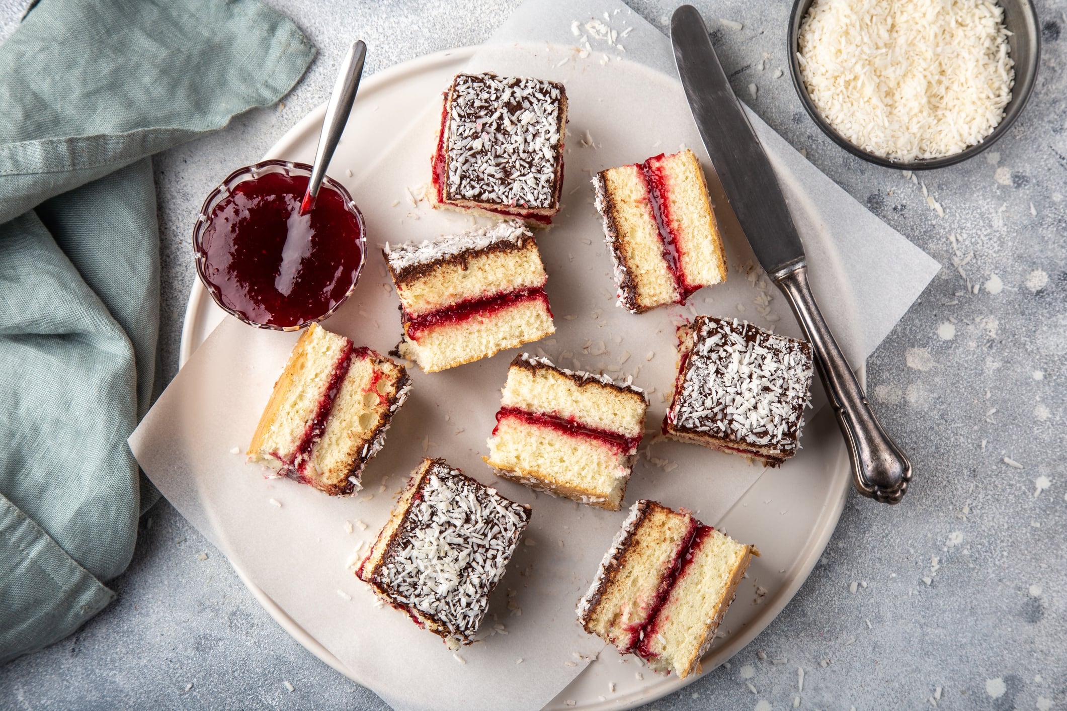 Australian lamington cake with raspberry jam