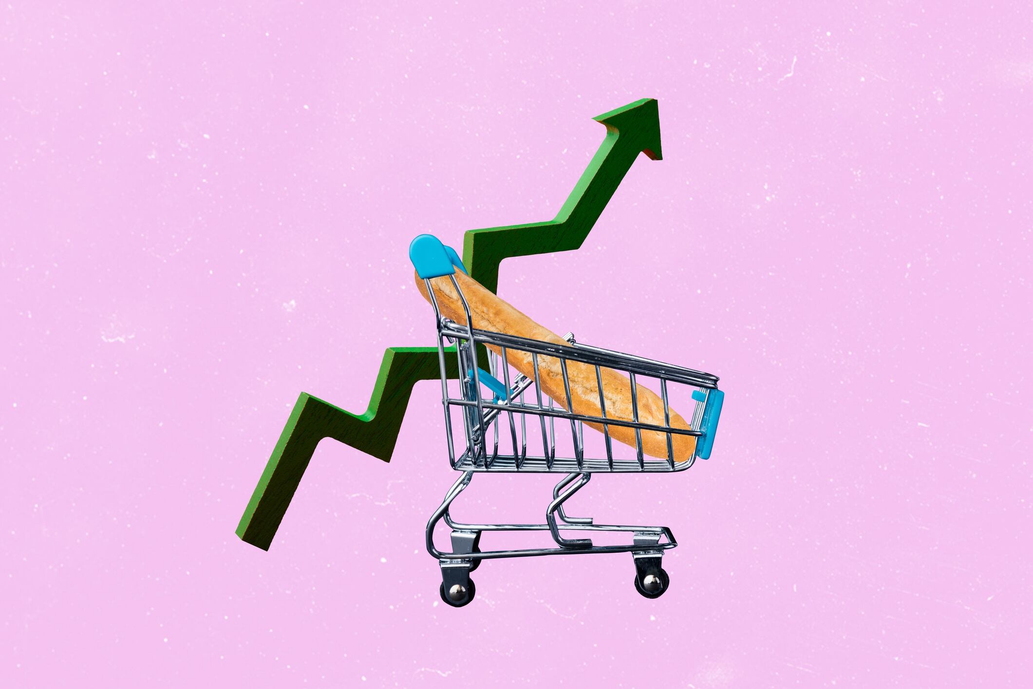 Composite photo collage of grocery store inflation arrow price high consumerism baguette bread shopping