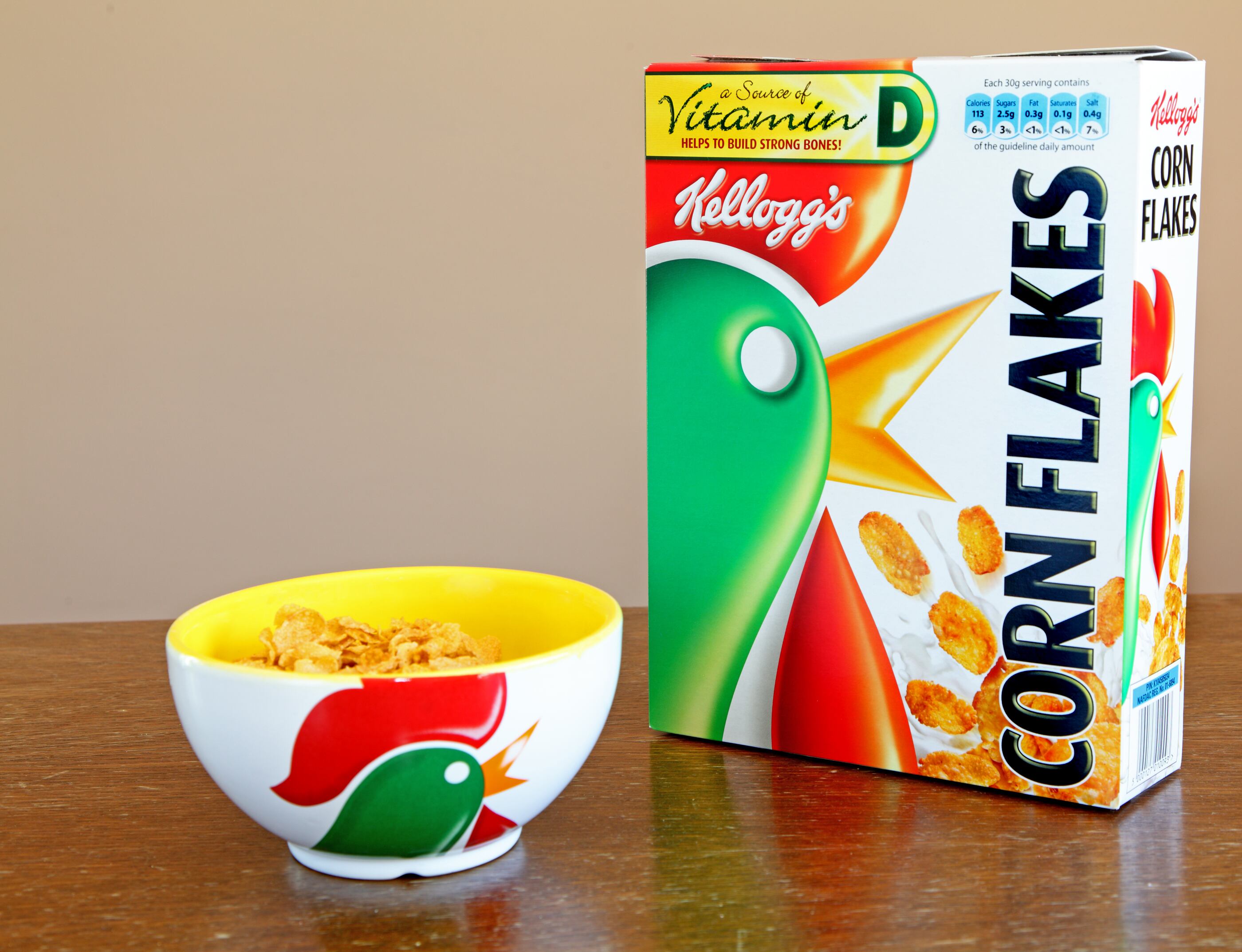 Cleveland, England - May 12th, 2012: A box of Kellogg's cornflakes and Kellogg's cereal bowl.The company was formed in Febuary 1906 by William Keith Kellogg.The company has become the most successful cereal manufacturer in the world