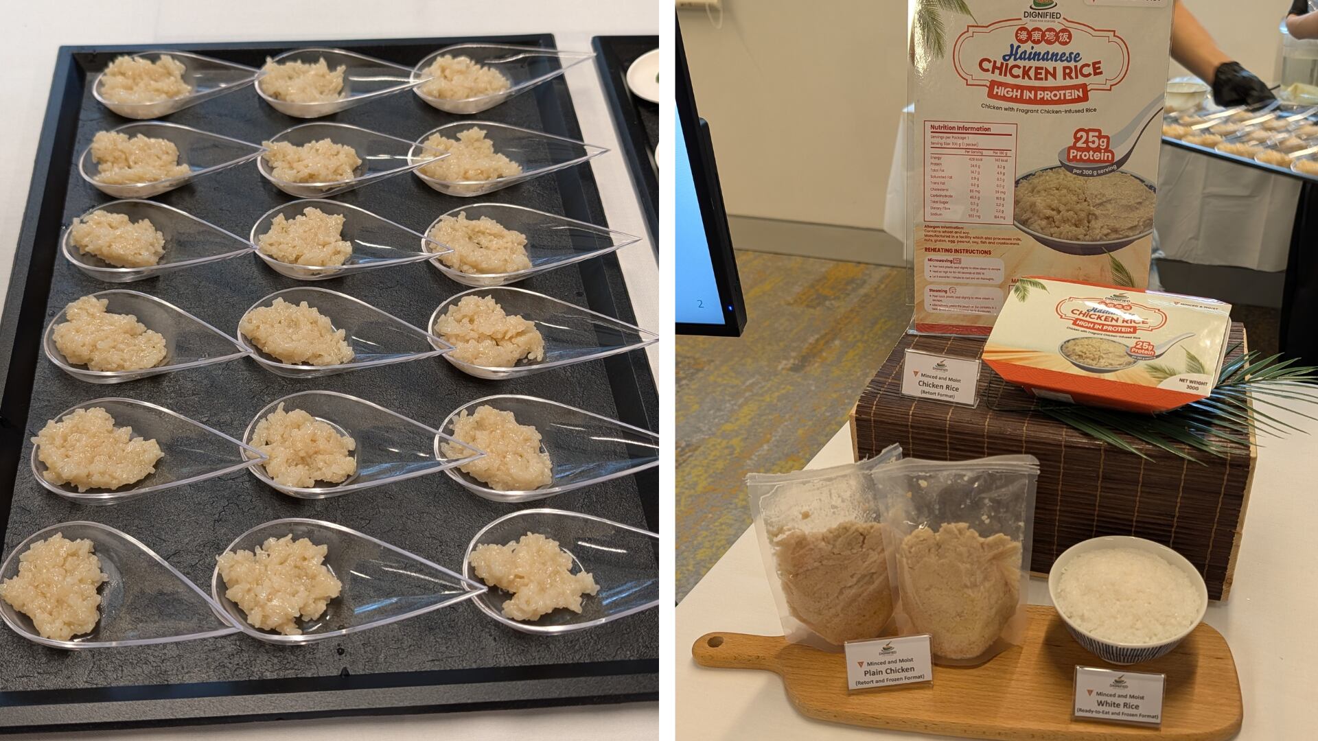 Shelf-stable textured meals in retort pouches can be eaten directly or reheated, with over six months’ ambient shelf life. The packaging is transparent for visibility of the food particle size.