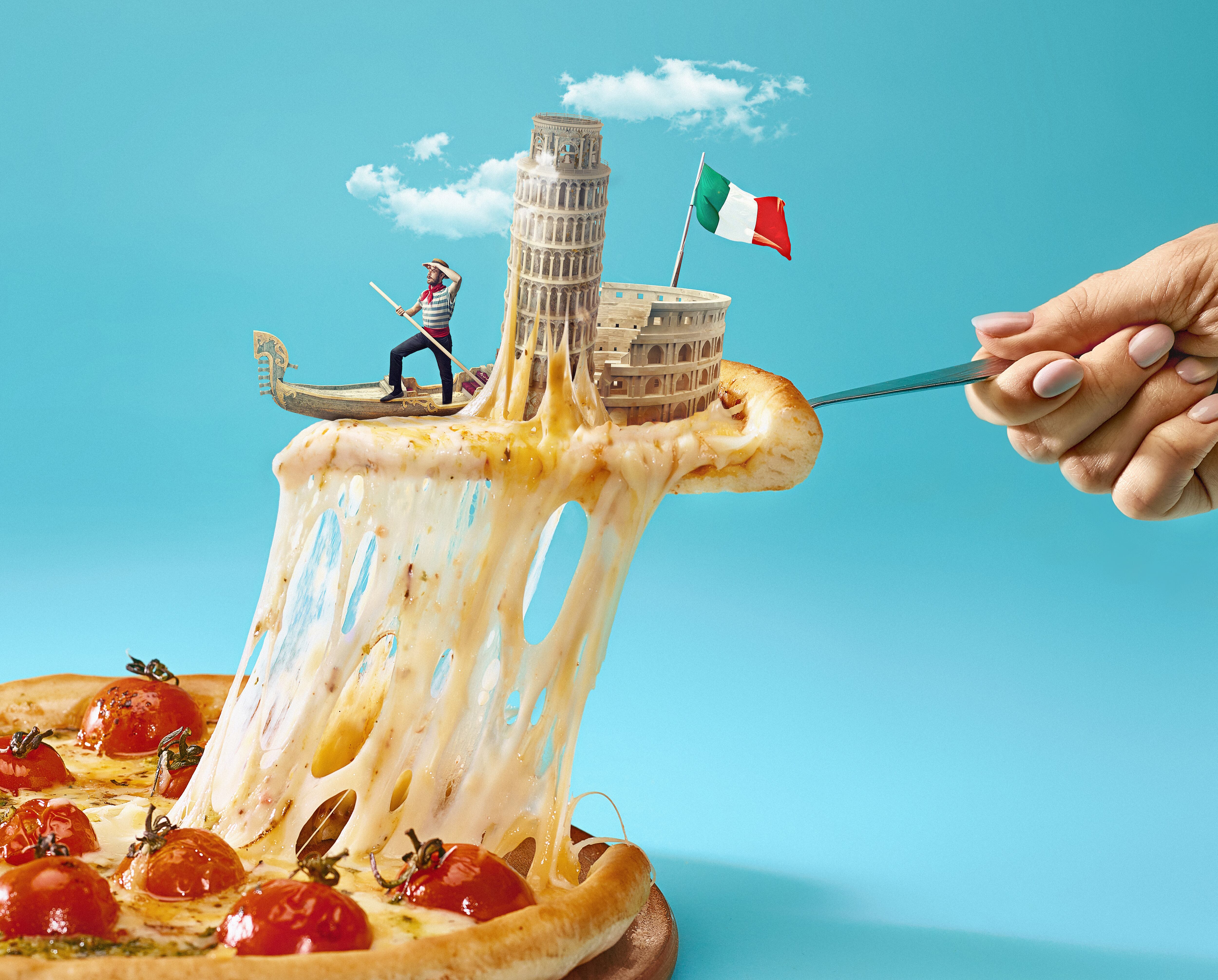 Collage about Italy with female hand, gondolier, pizza and and major sights