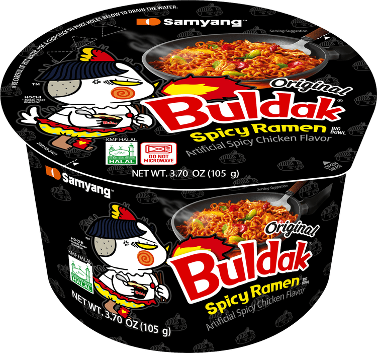 Buldak original spicy ramen, featuring its original hen mascot