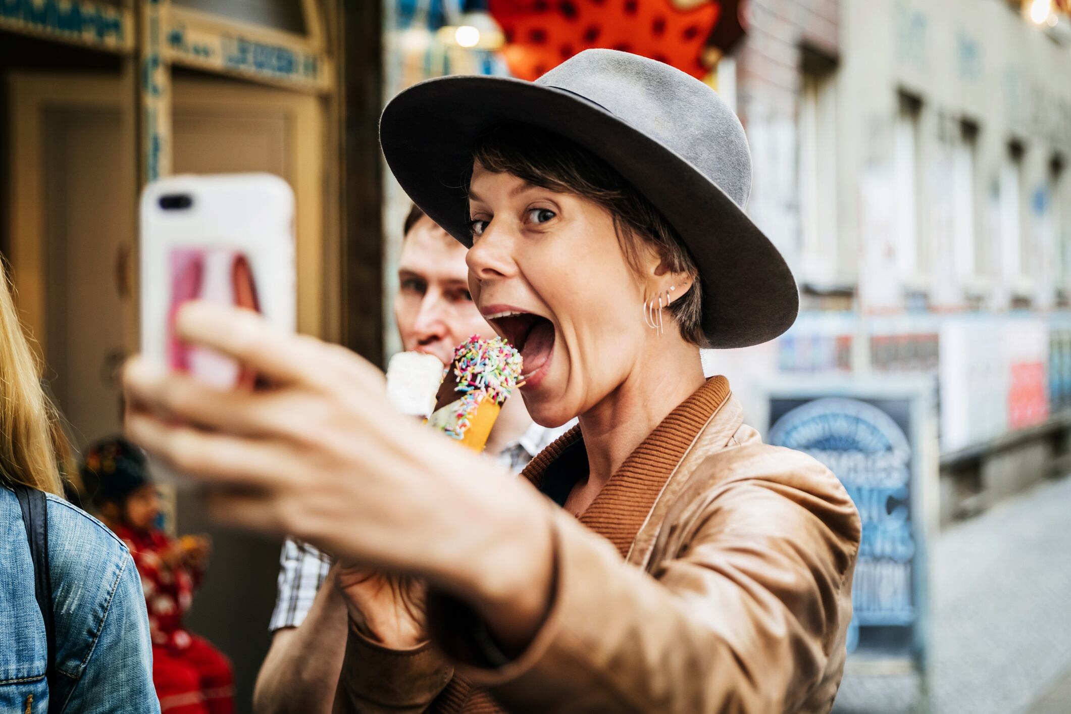 Woman posting her snacking on social media