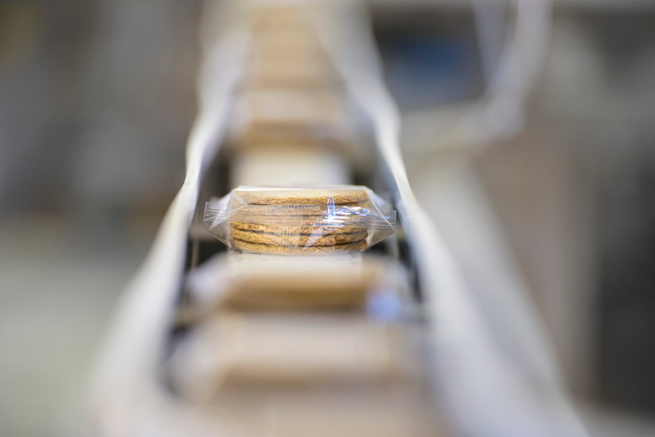 Packaged bread on a conveyer belt