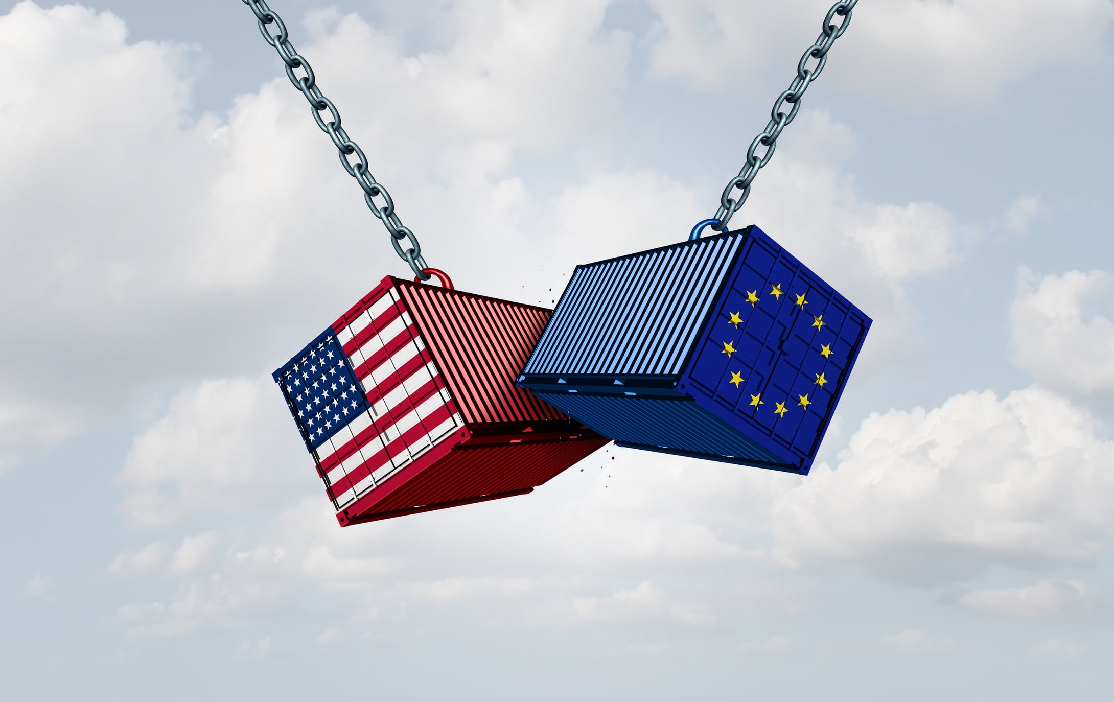 Europe USA trade war and American tariffs as two opposing cargo freight containers in European Union economic conflict as a dispute over import and exports.