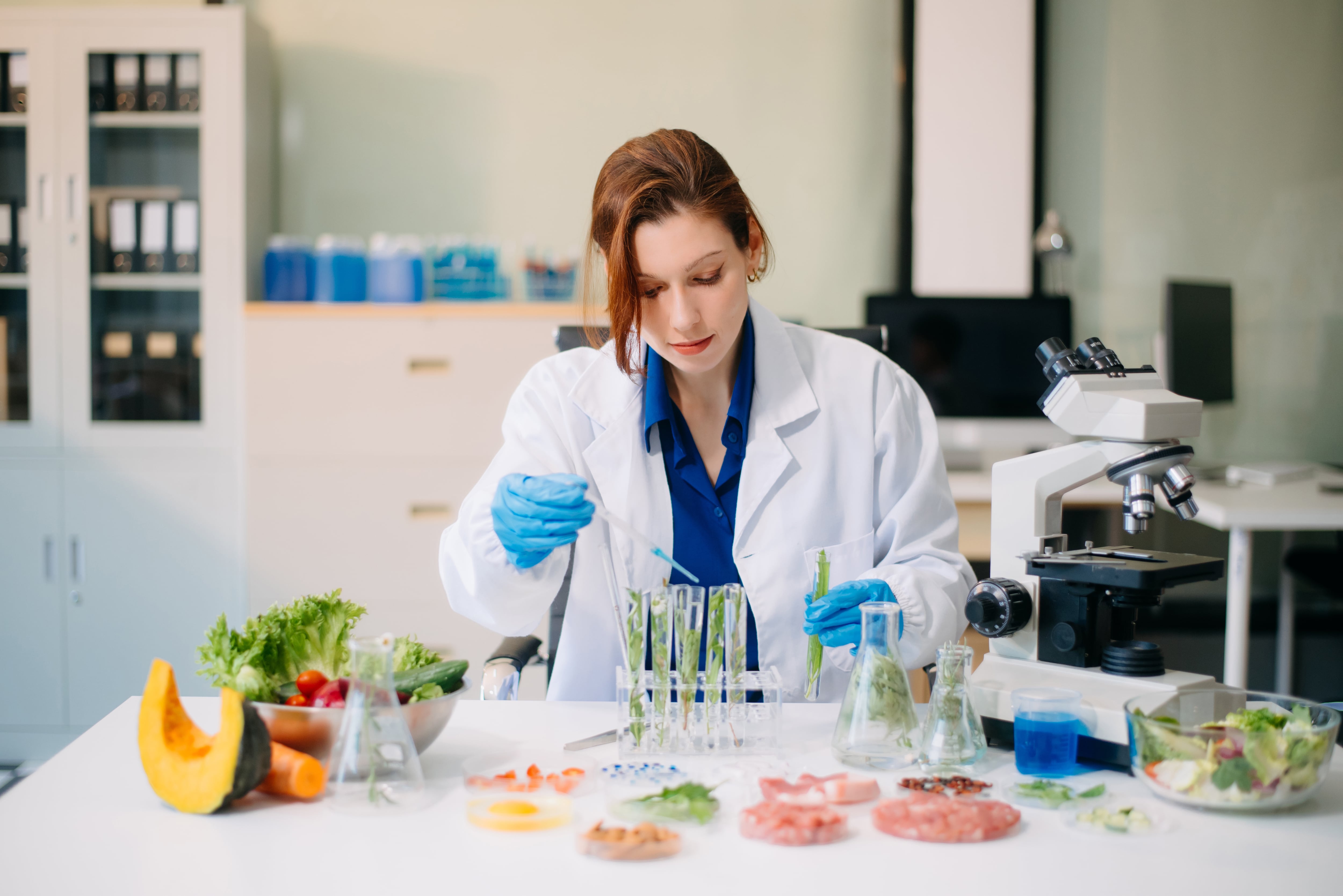 Scientist testing food samples in lab with microscope, vegetables, and meat for safety, nutrition, and biotechnology laddawan punna GettyImages