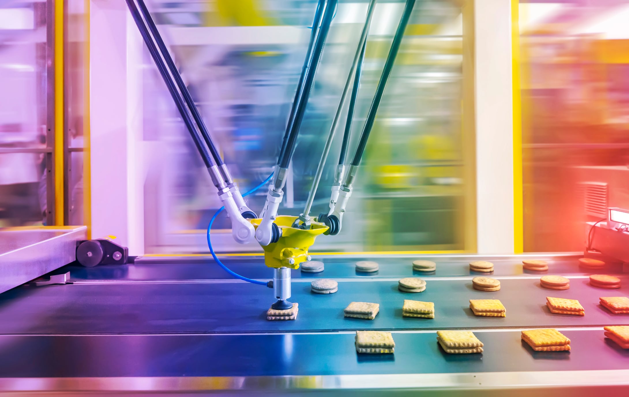 Automate robot with vacuum suckers with conveyor in Production of biscuits