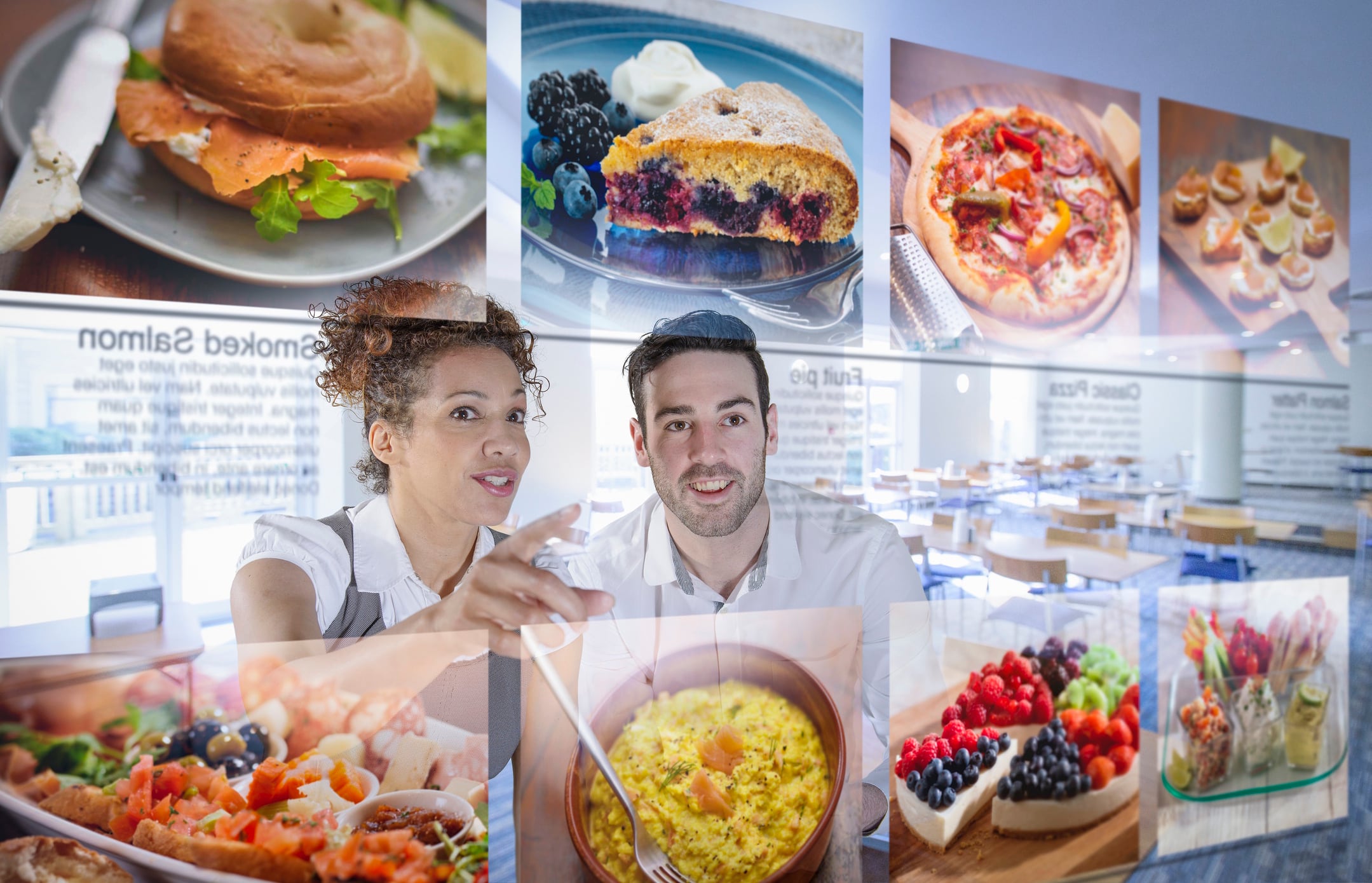 Customers choosing food from interactive display in office canteen Monty Rakusen GettyImages