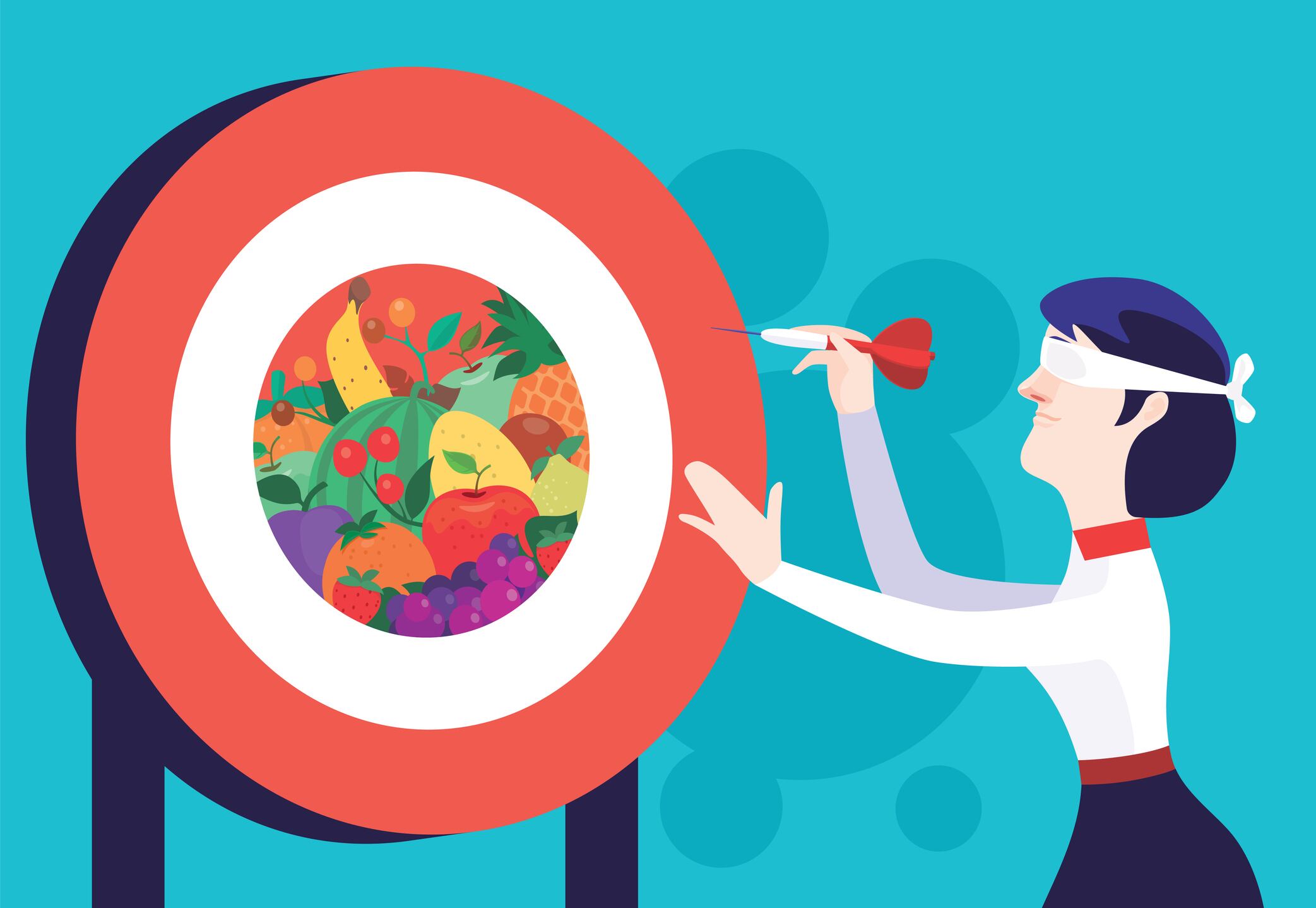 vector illustration of blindfolded woman holding dart and facing bullseye with fruit target