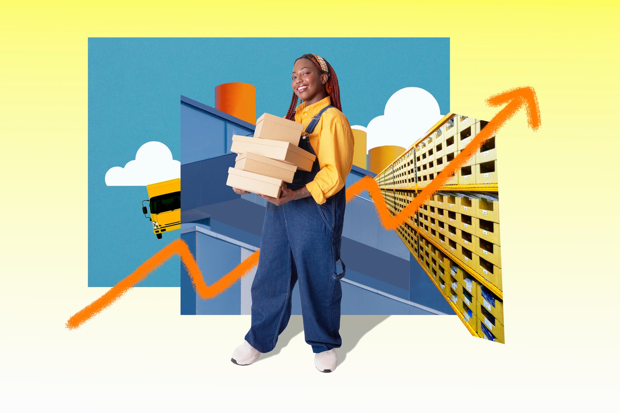 Business owner holding boxes surrounded by warehouse and delivery icons