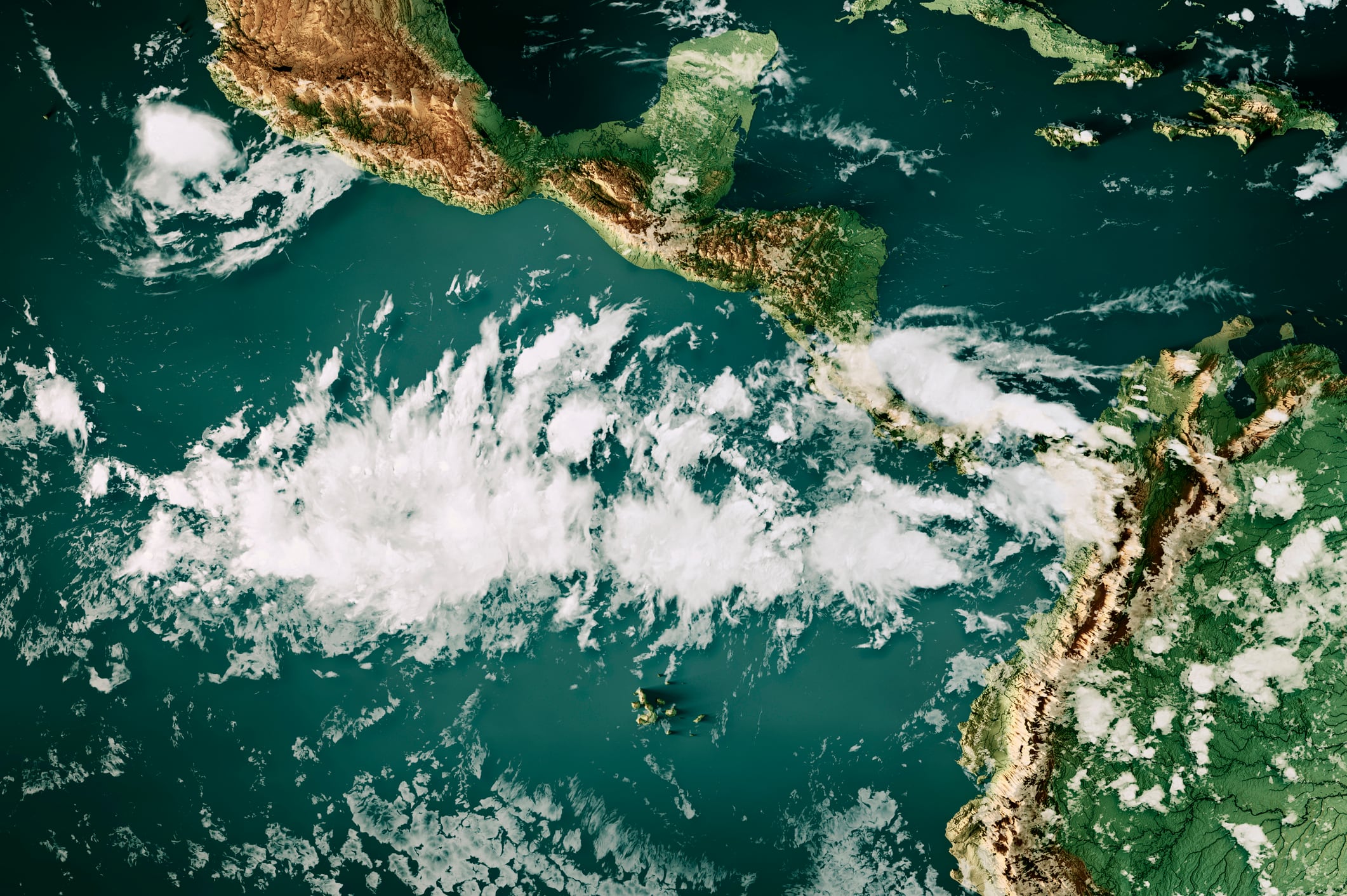3D Render of a Topographic Map of the Eastern Pacific Ocean with the clouds from July 22, 2026. 
A string of Tropical Storms fueled by the heated ocean temperature caused by El Nino.
All source data is in the public domain.
Cloud texture: Global Imagery Browse Services (GIBS) courtesy of NASA, VIIRS data courtesy of NOAA.
https://www.earthdata.nasa.gov/eosdis/science-system-description/eosdis-components/gibs
Color texture: Made with Natural Earth.
http://www.naturalearthdata.com/downloads/10m-raster-data/10m-cross-blend-hypso/
Relief texture: GMTED 2010 data courtesy of USGS. URL of source image:
https://topotools.cr.usgs.gov/gmted_viewer/viewer.htm
Water texture: SRTM Water Body SWDB: https://dds.cr.usgs.gov/srtm/version2_1/SWBD/
