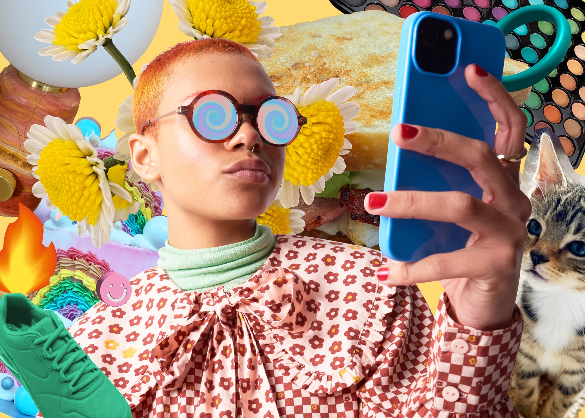 Person using cell phone trapped in a scroll hole surrounded by collage of social media obsessions