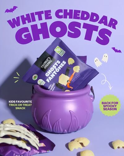 Frankie’s Organic Snacks uses shape to distinguish its returning White Cheddar Ghost Puffs