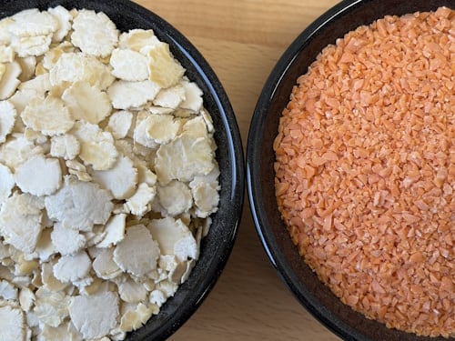 Flava bean flakes and kibbled red lentils from Silvery Tweed Cereals
