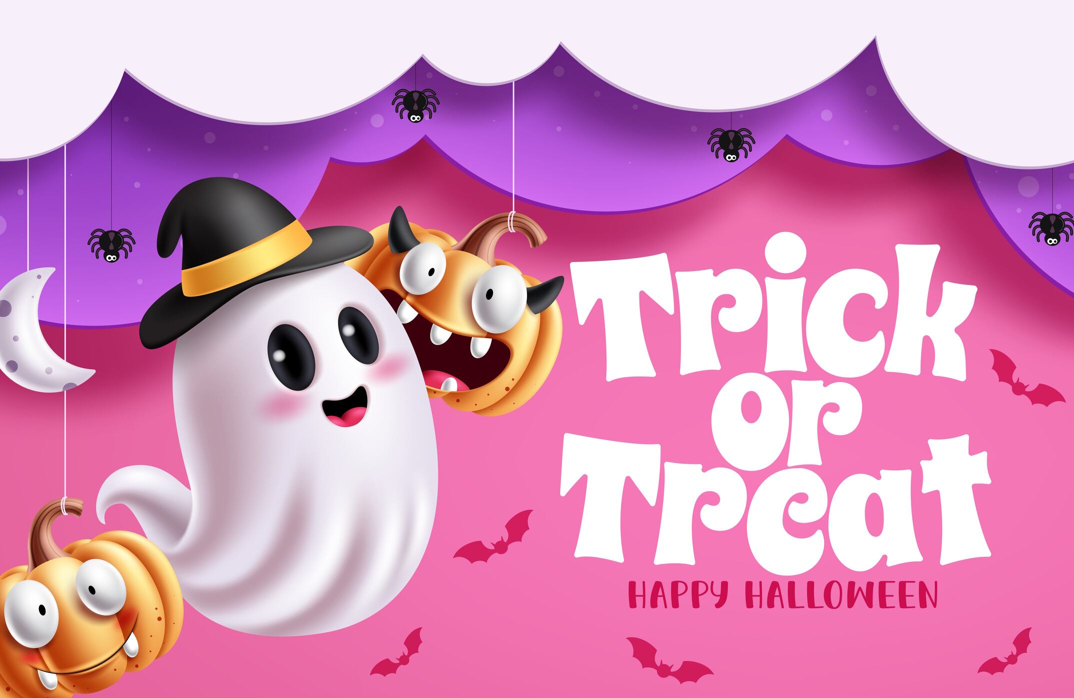 Halloween and Trick or Treat greeting clip art in paper cut style pink background Dezein GettyImages