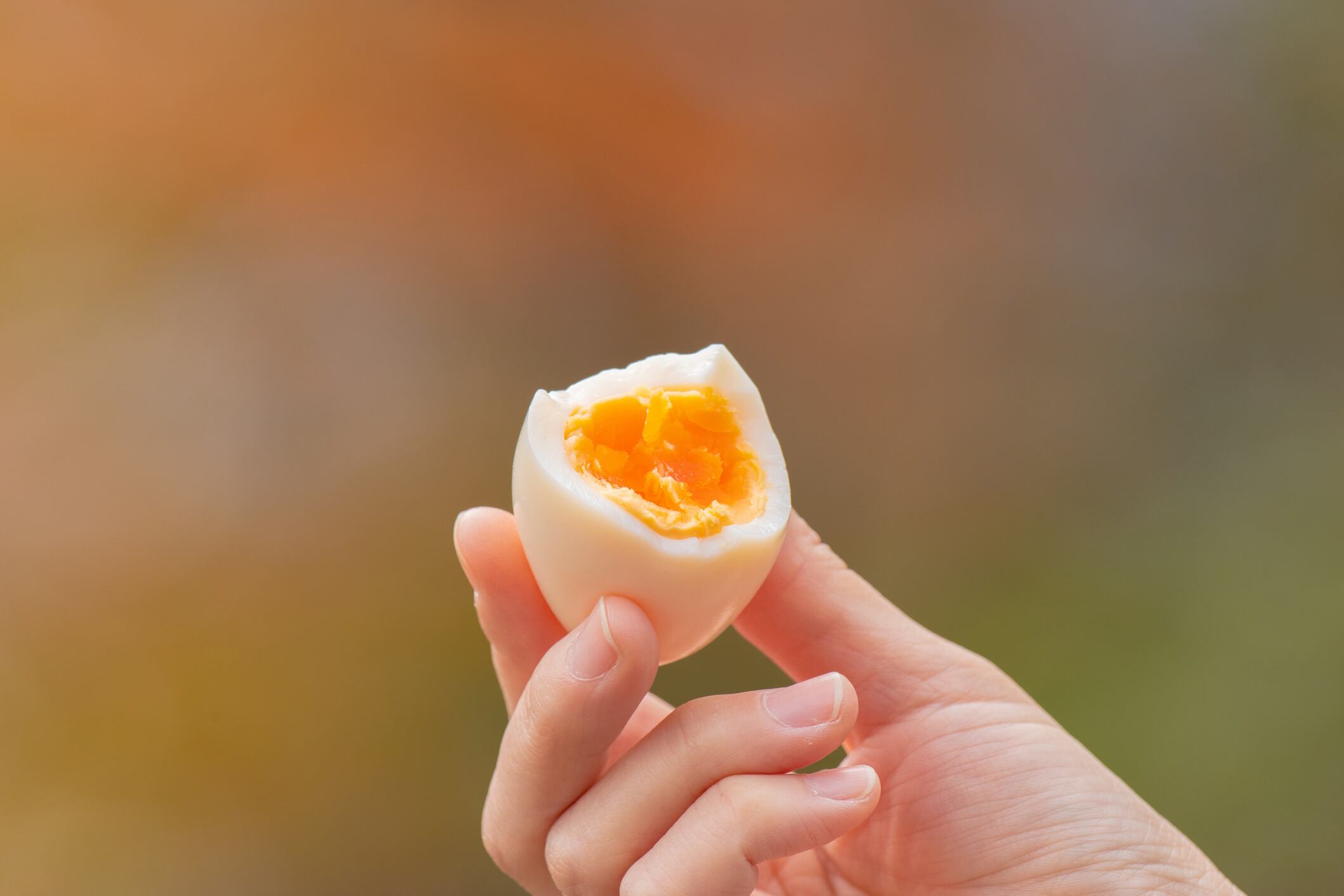 Woman's hand holding half eaten hardboiled egg