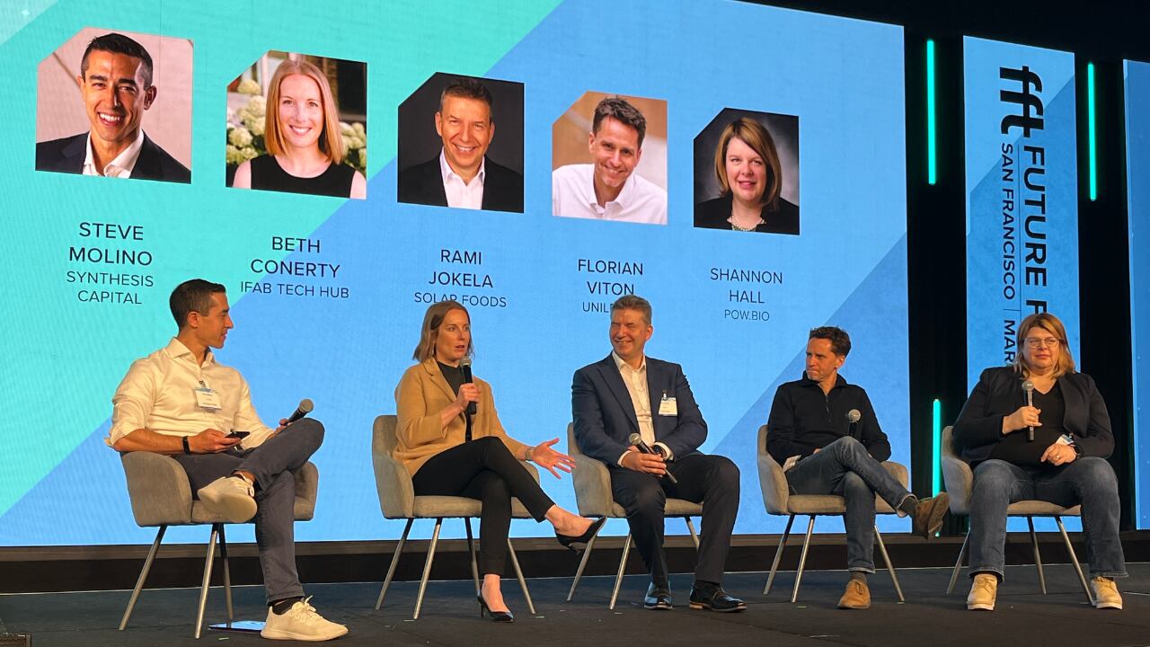 From left: Steve Molino, principal at Synthesis Capital; Beth Conerty, regional innovation officer at iFab Tech Hub; Rami Jokela, CEO of Solar Foods; Florian Viton, vice president of R&D foods science and technology and site leader at Hive at Unilever; and Shannon Hall, co-founder of Pow.bio, speak during the “Engineering the Future of Food: Fermentation and the Path to Scalable Innovation” panel at Future Food-Tech San Francisco in March 2026.