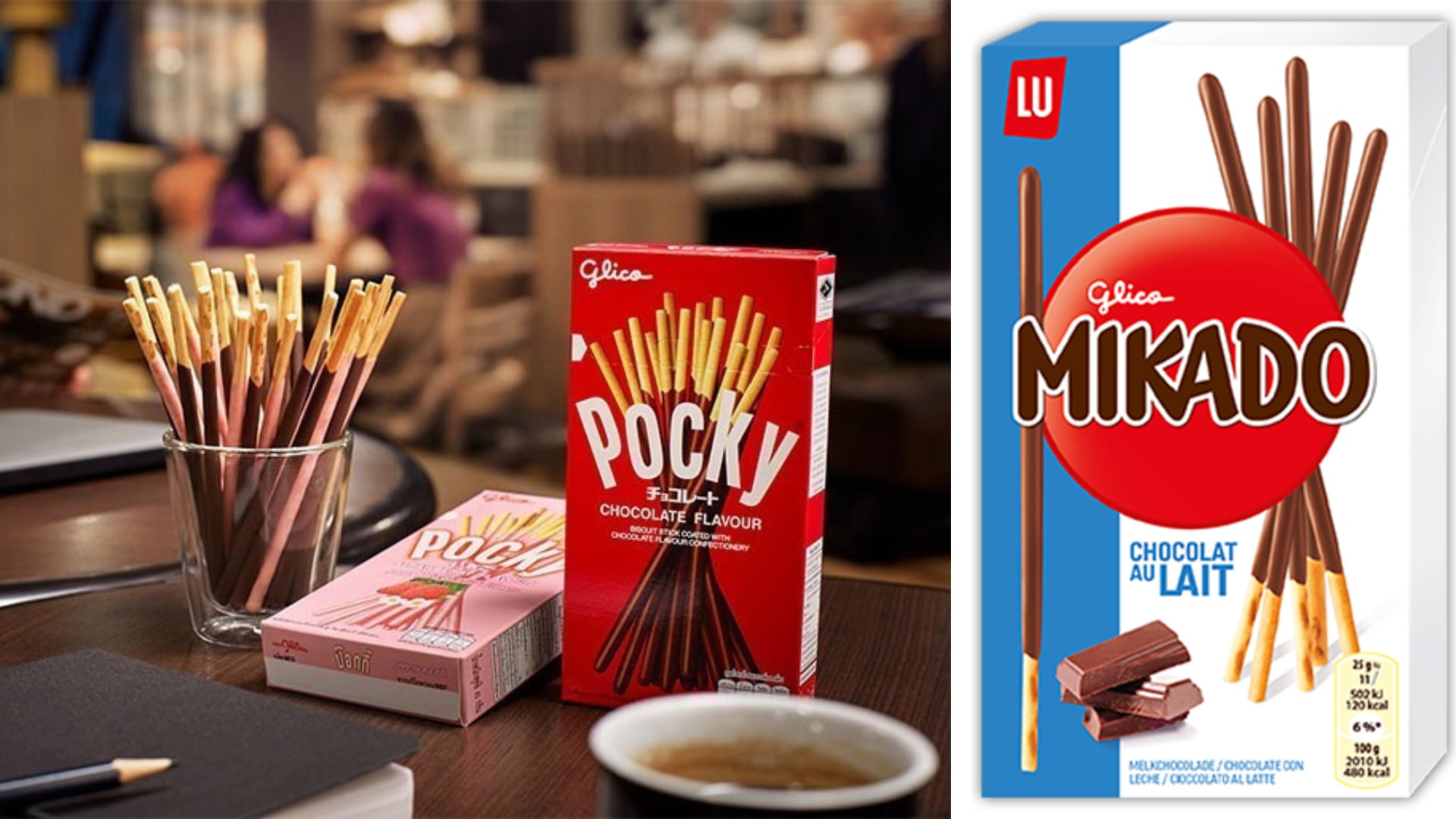 In Europe, Pocky (pictured left) is sold as Mikado (pictured right) – inspired by a popular European game of the same name where players take turns picking up a bundle of sticks without moving or touching any of the other sticks.