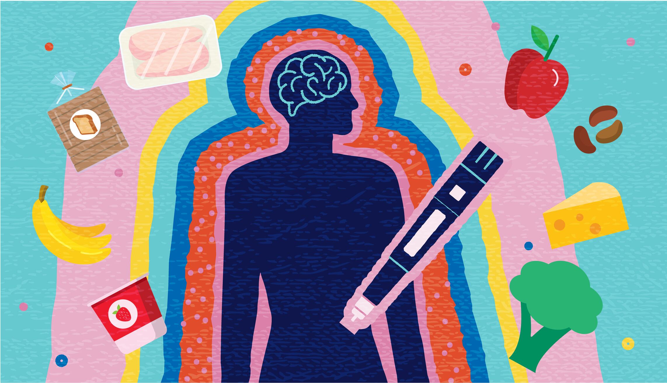 Vector illustration of Impact of Semaglutide therapy on weight loss and healthy eating habits abstract concept with human silhouette, injection pen and healthy fresh food. Therapy for weight loss and diabetes. Includes editable vector eps and high resolution jpg.