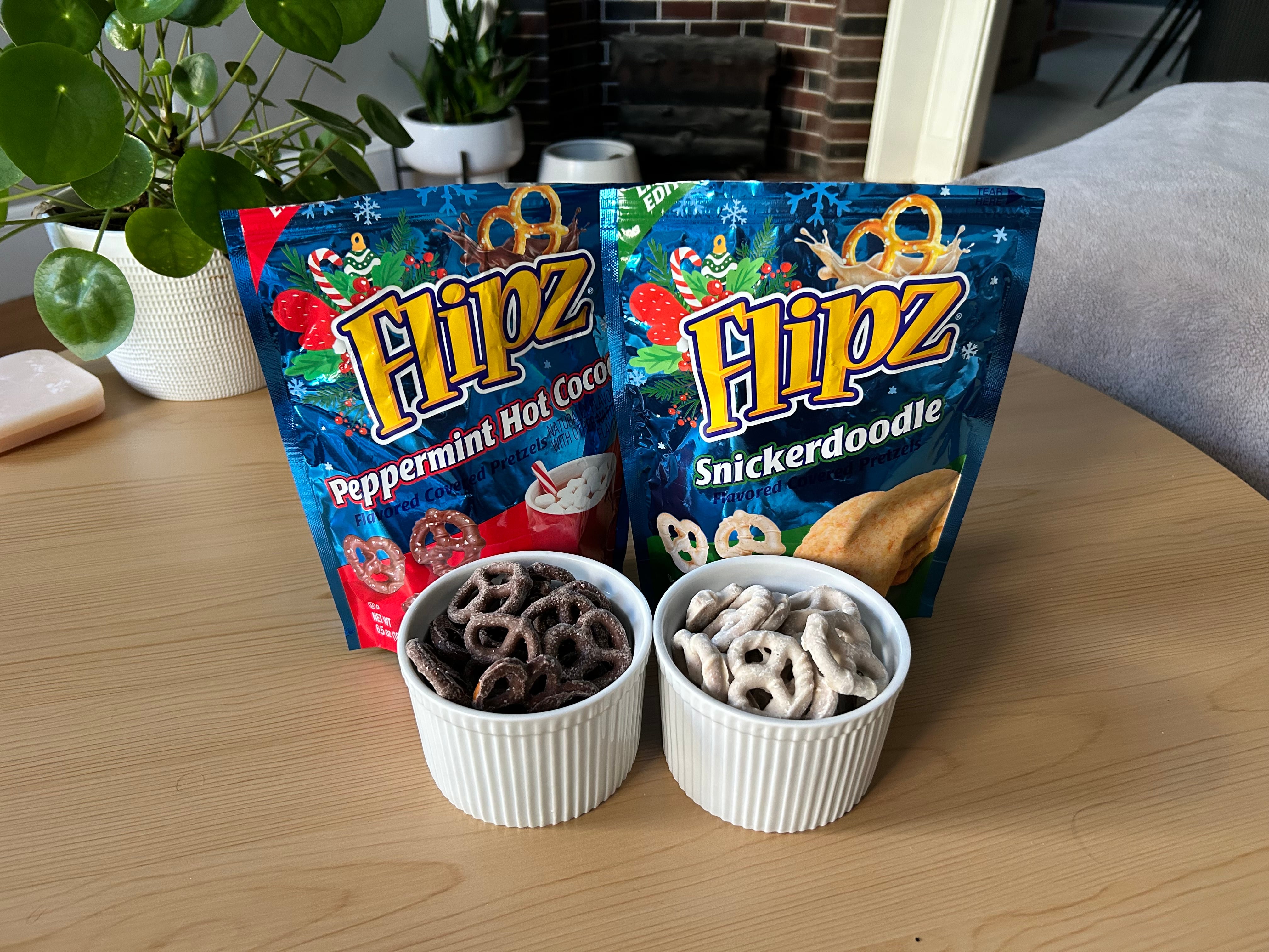 Flipz Snickerdoodle and Flipz Peppermint Hot Coco pretzels