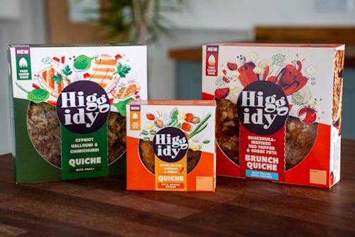 Shakshuka-inspired Red Pepper and Greek Feta Brunch Quiche, Belazu Rose Harissa paste in seeded spelt shortcrust pastry and a Cypriot Halloumi and Chimichurri Quiche from Higgidy