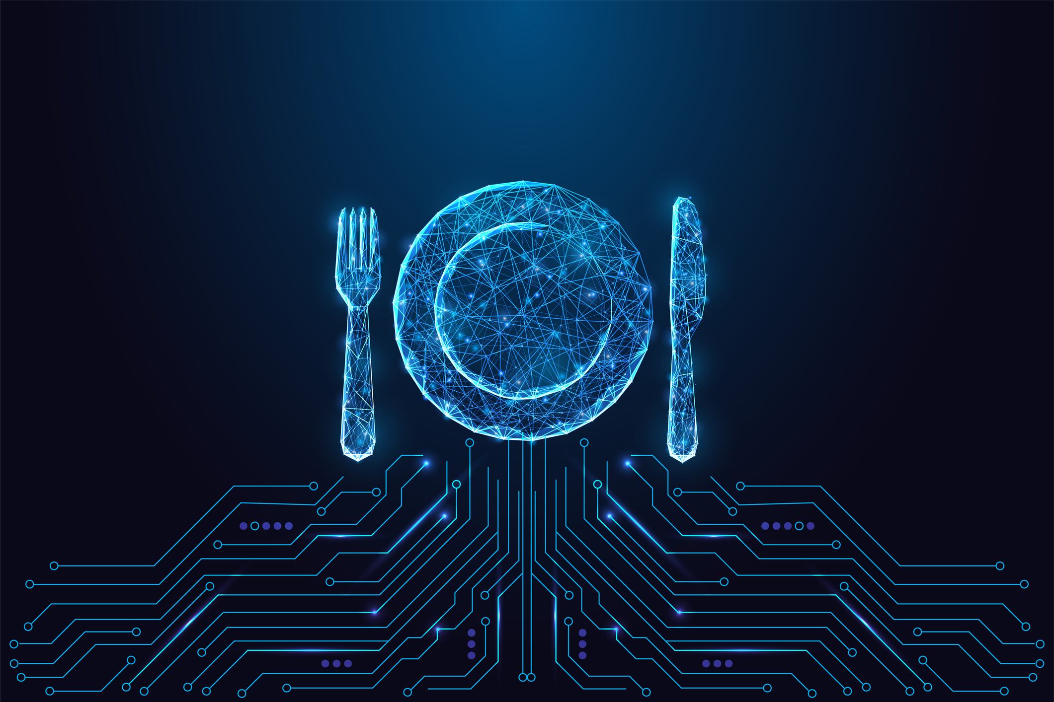 Food technology and smart nutrition concept with plate and cutlery above circuit board lines. AI diet apps, food science, smart kitchen, nutrition analytics, tech innovation. Blue vector illustration.