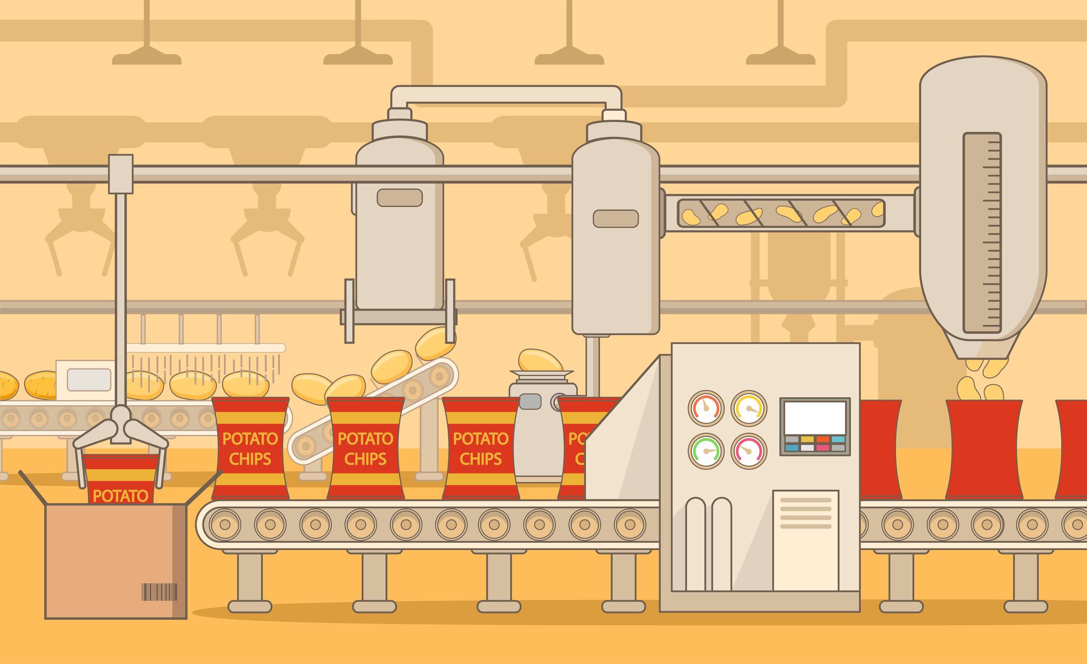 Production machine fast food and package bag. Vegetable potatoes.