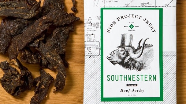 Side Project Jerky is packaged using repurposed mechanical drawings.