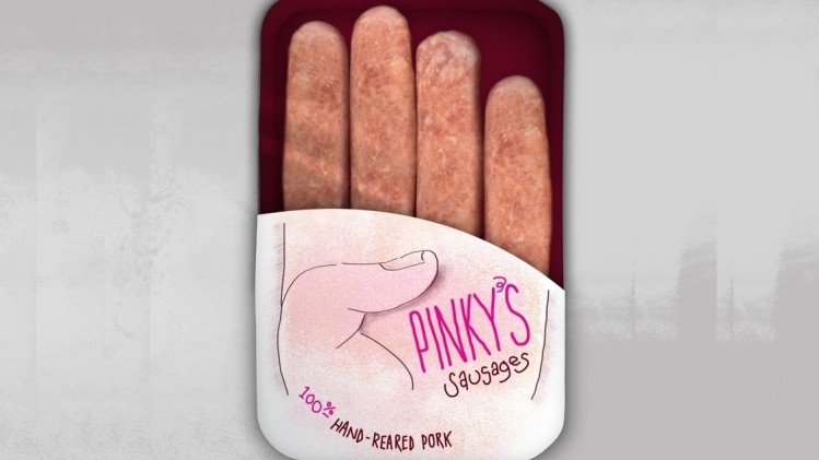 Pinky's Sausage packaging features playful presentation and graphic design.