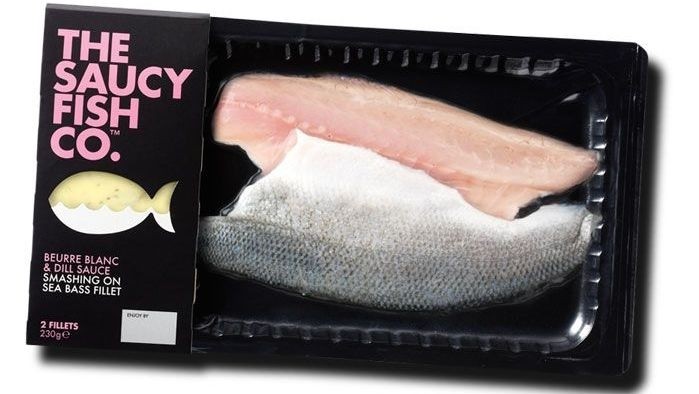 Saucy Fish Co. packaging includes vacuum-packed fish, and cooking sauce.