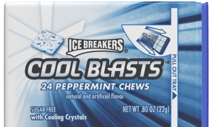 Hershey Ice Breakers Cool Blasts are packaged in a tub with a slide-out tray inside.