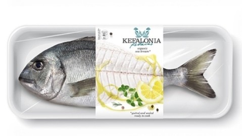 Kefalonia Fisheries packs its fish in trays, with a narrow brand-message band.