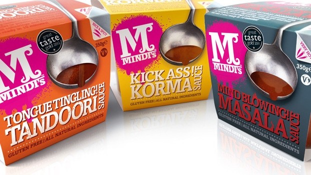 Mindi's, a line of Indian meals and sauces, are housed in packaging evocative of the colorful festival Holi.
