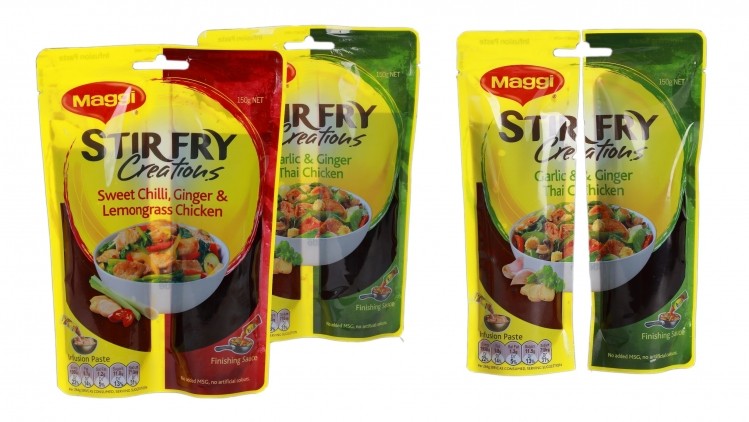 This flexible pouch puts two parts of a meat marinade in separate compartments of one package.