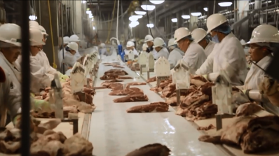This still from a JBS video shows one of its beef processing lines.