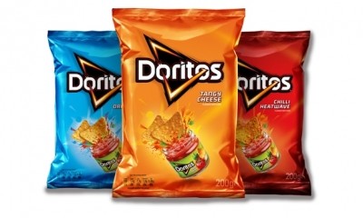 Frito-Lay's Doritos packaging in the UK even calls out its dip co-branding on pack