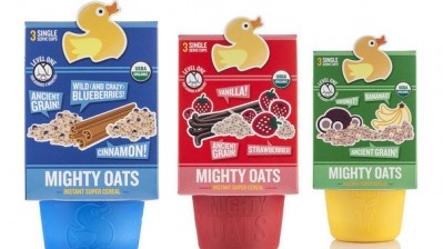 The outer carton for Little Duck Organics' Mighty Oats cereal contains seeds that sprout when the paperboard is planted.