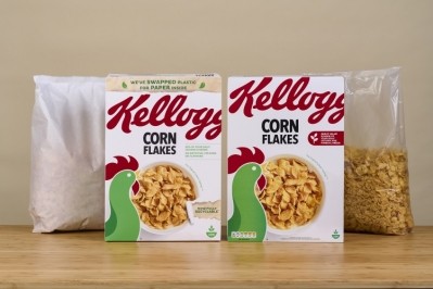 Recyclable paper will replace the plastic inner liner of Kellogg's Corn Flakes in Tesco partnership trial next year. Pic: Kellogg's