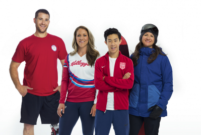 From left: Paralymic snowboarder Mike Schultz, ice hockey player Meghan Duggan, figure skater Nathan Chen and snowboarder Kelly Clark. Pic: Kellogg