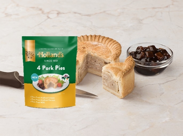 Holland's Pork Pie Cut Out Slice with Pickle on Marble (002)