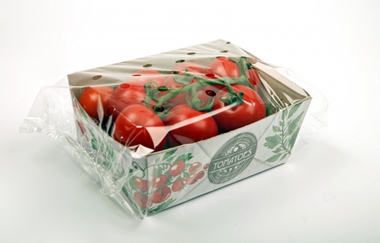 An example of the packaging in 0.7 to 1kg vine tomatoes for Harvest House