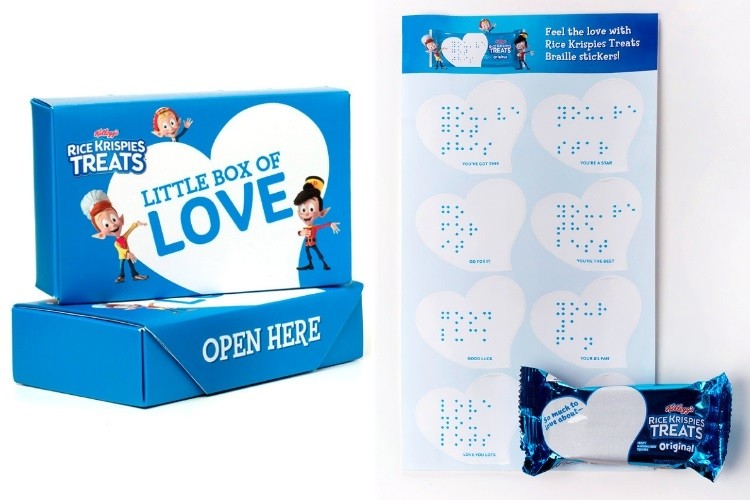 Kellogg has created 'Love Notes' in braille on its Rice Krispie Treats for visually-impaired kids. Pic: Kellogg Company